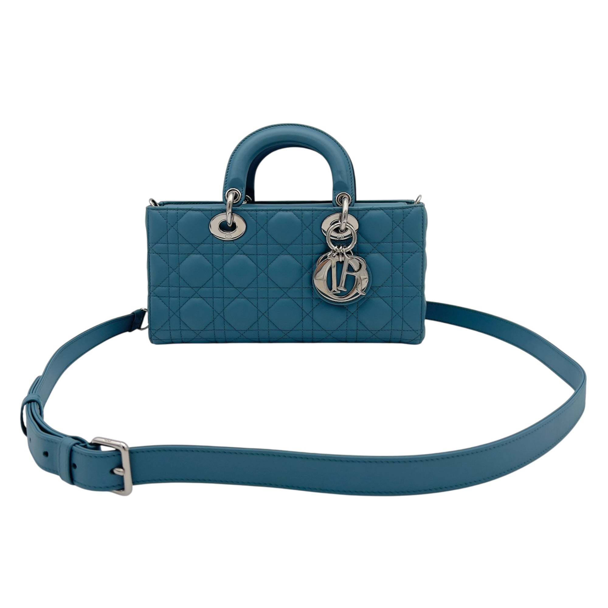 Lady D-Joy Medium Blue Top Handle Bag in Lambskin, Silver hardware