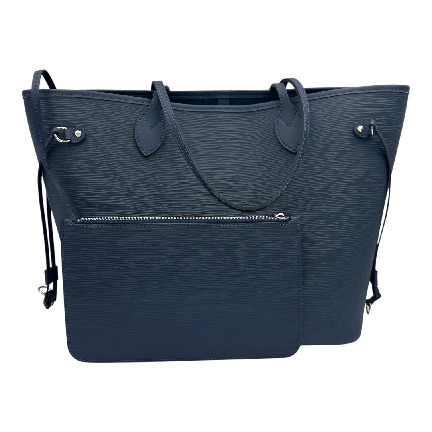 Neverfull Tote Bag Blue in Epi Leather, Silver hardware