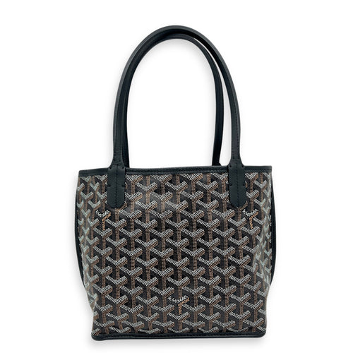 Anjou Mini Black Tote Bag in Coated Canvas, Silver hardware