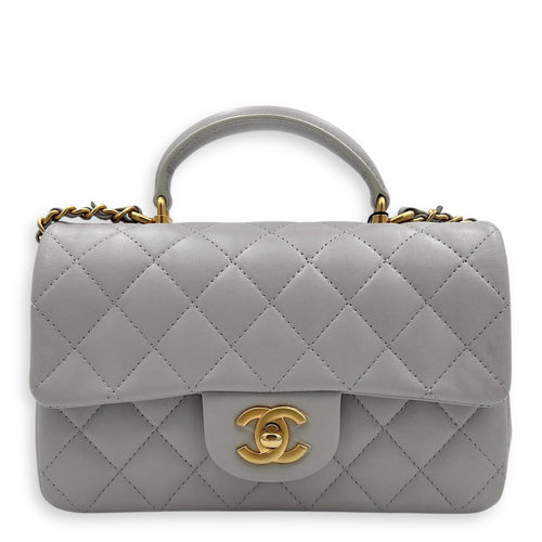 Rectangle Top Handle Bag Grey in Lambskin, Gold hardware