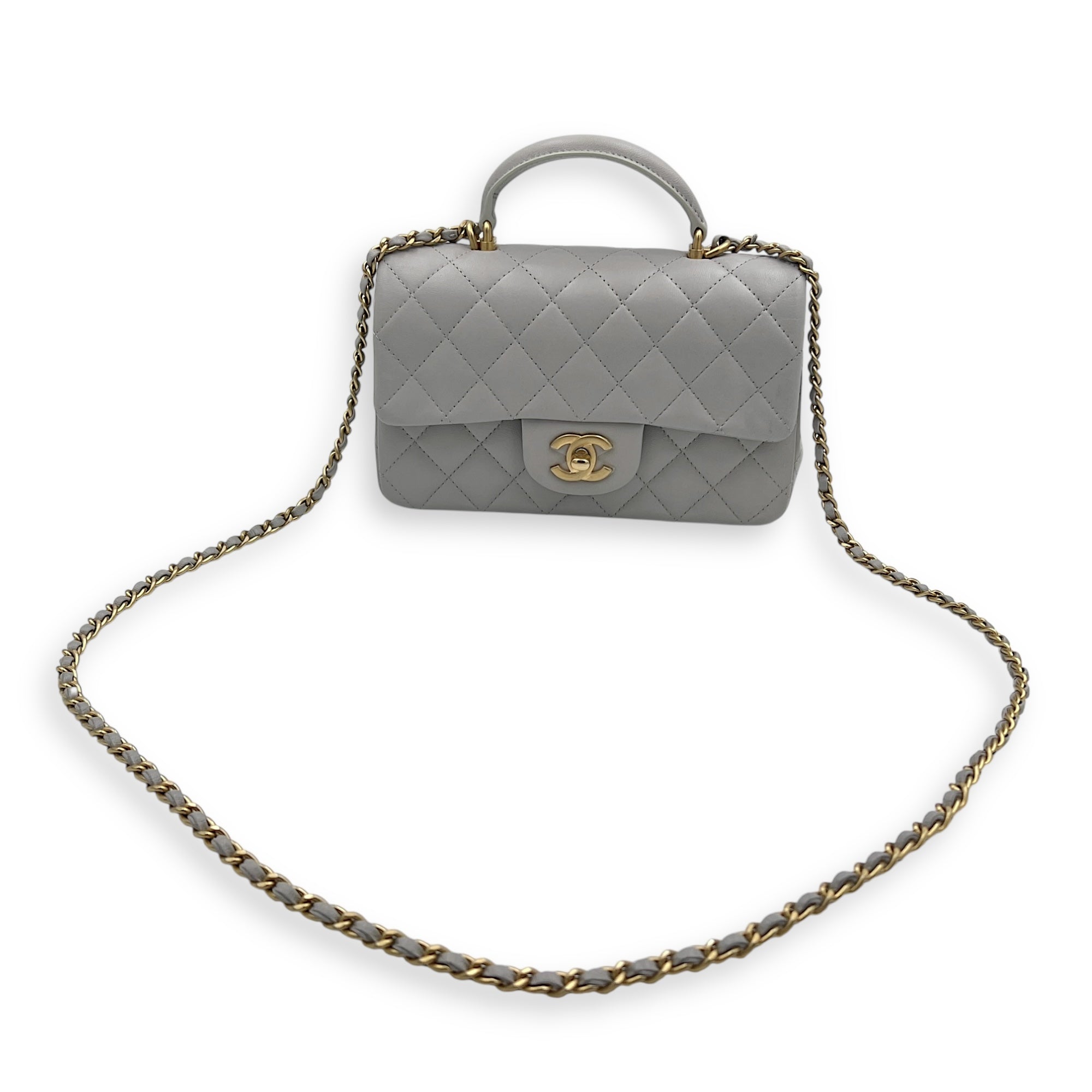 Rectangle Top Handle Bag Grey in Lambskin, Gold hardware