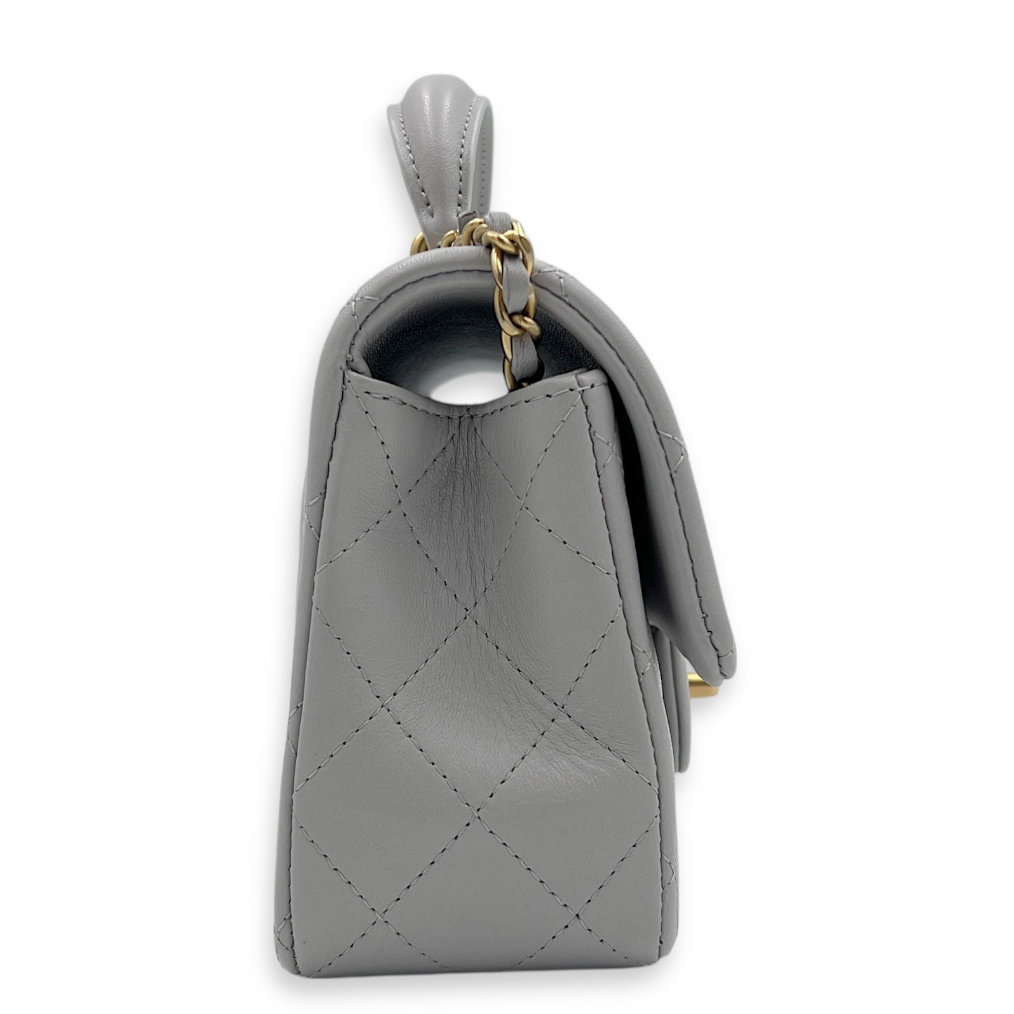 Rectangle Top Handle Bag Grey in Lambskin, Gold hardware