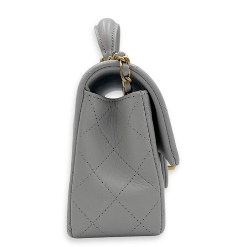Rectangle Top Handle Bag Grey in Lambskin, Gold hardware