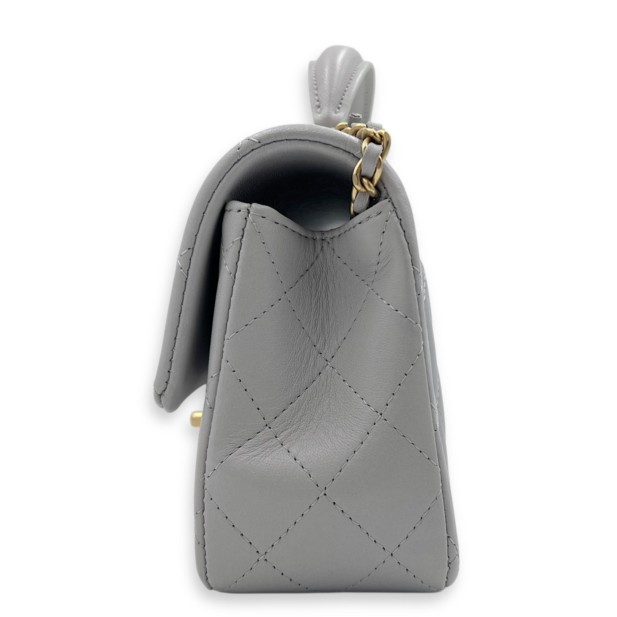 Rectangle Top Handle Bag Grey in Lambskin, Gold hardware