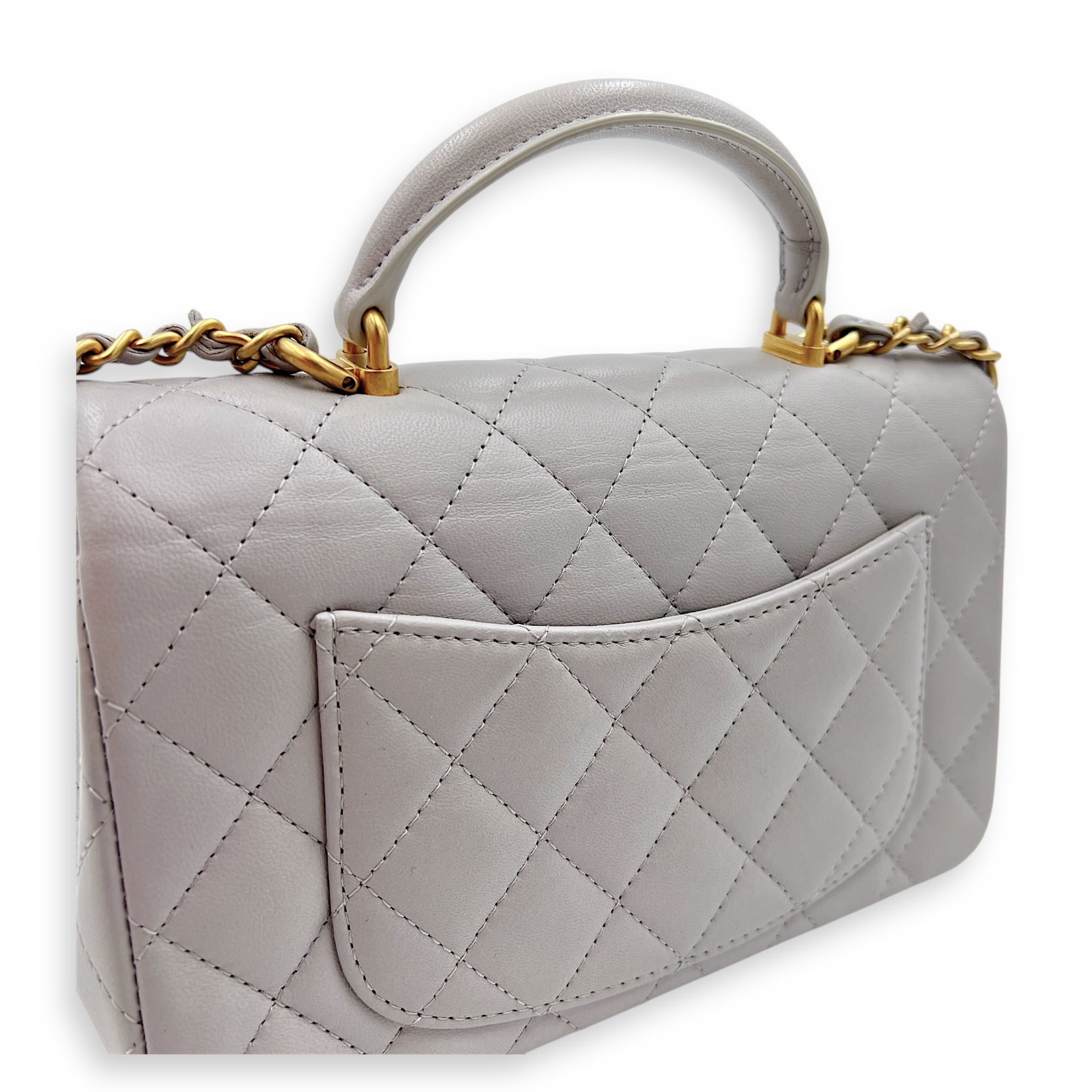 Rectangle Top Handle Bag Grey in Lambskin, Gold hardware