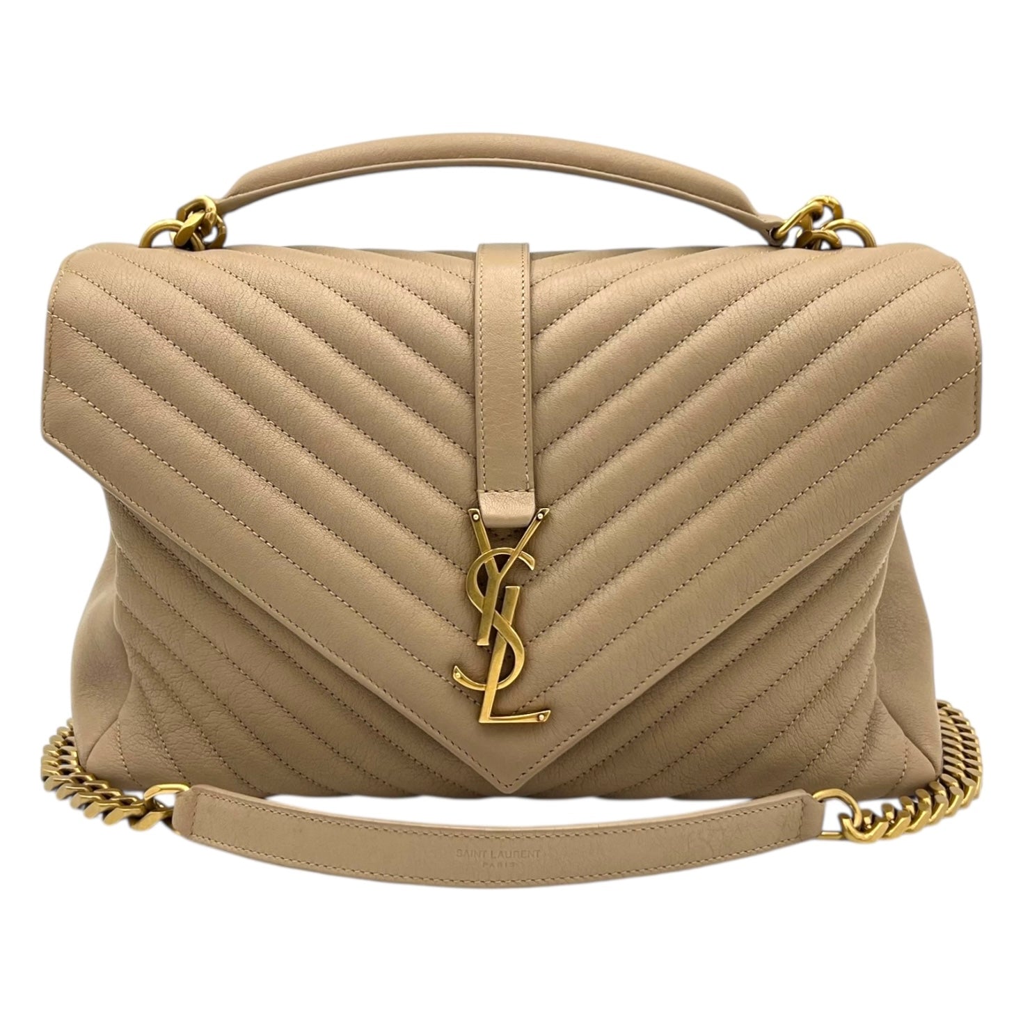 College Shoulder Bag Beige in Calfskin, Gold hardware
