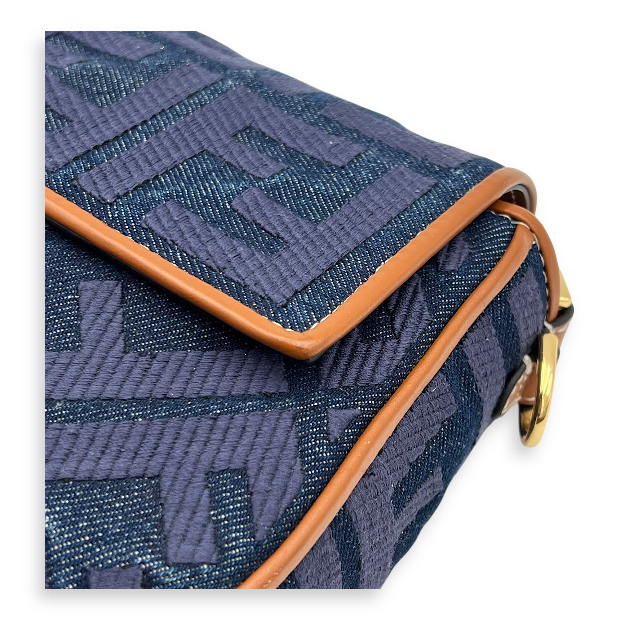 Baguette Crossbody Bag Blue in Denim, Gold hardware