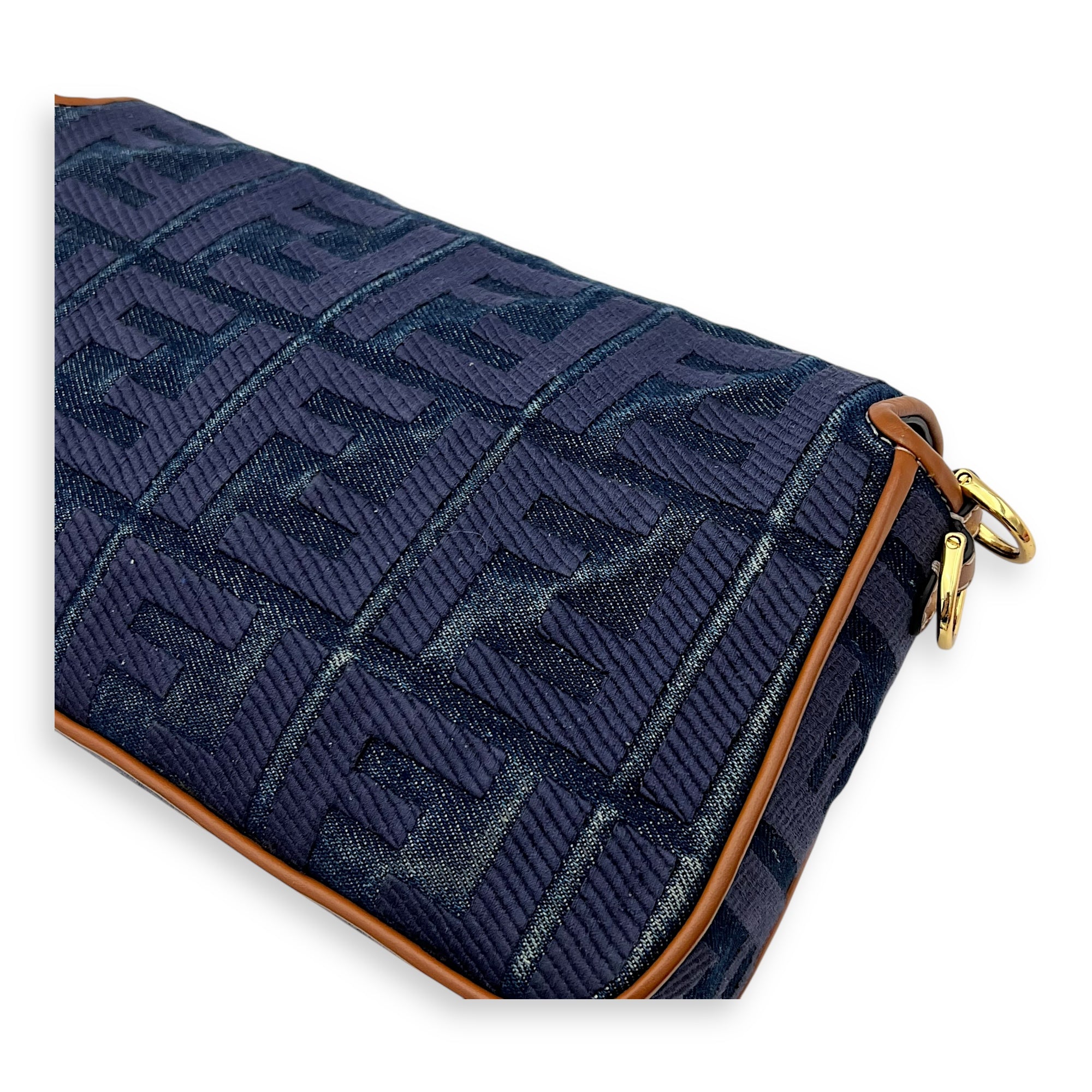 Baguette Crossbody Bag Blue in Denim, Gold hardware