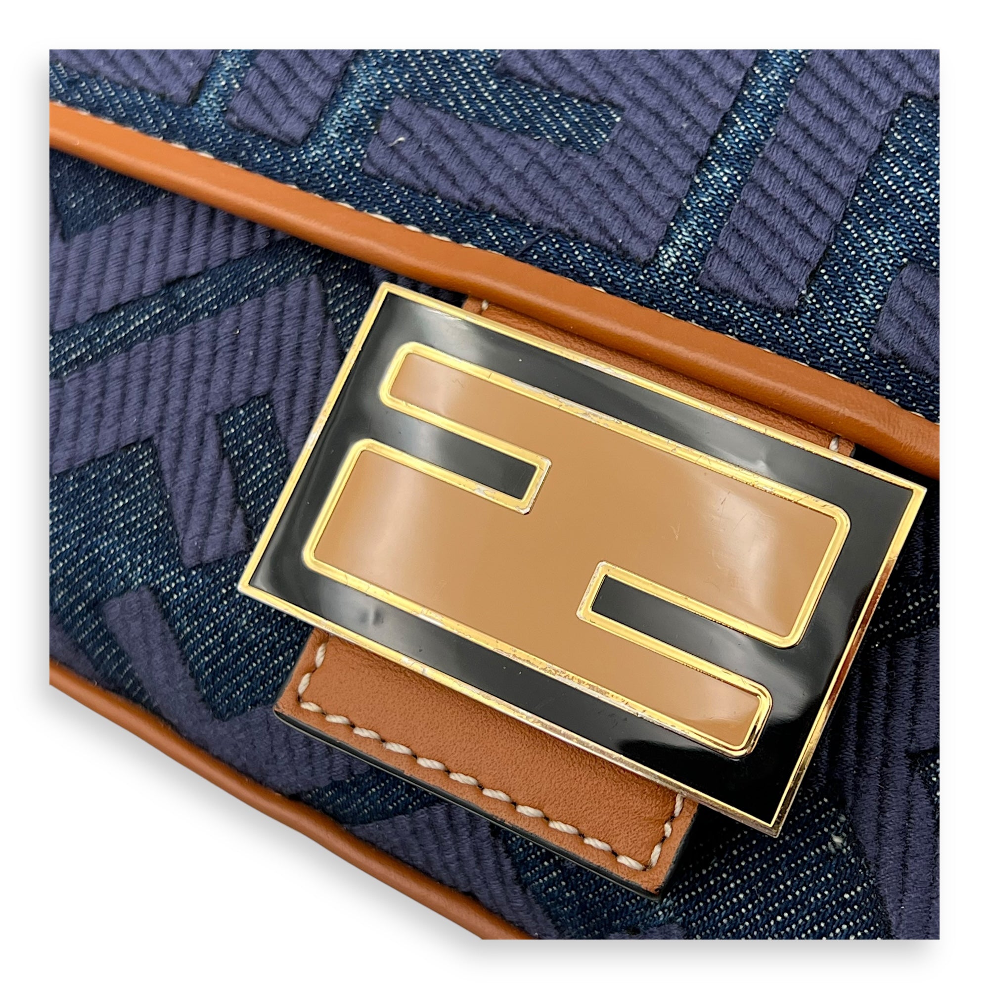 Baguette Crossbody Bag Blue in Denim, Gold hardware