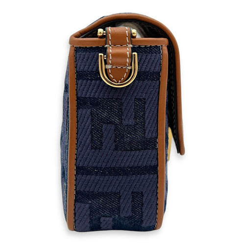 Baguette Crossbody Bag Blue in Denim, Gold hardware