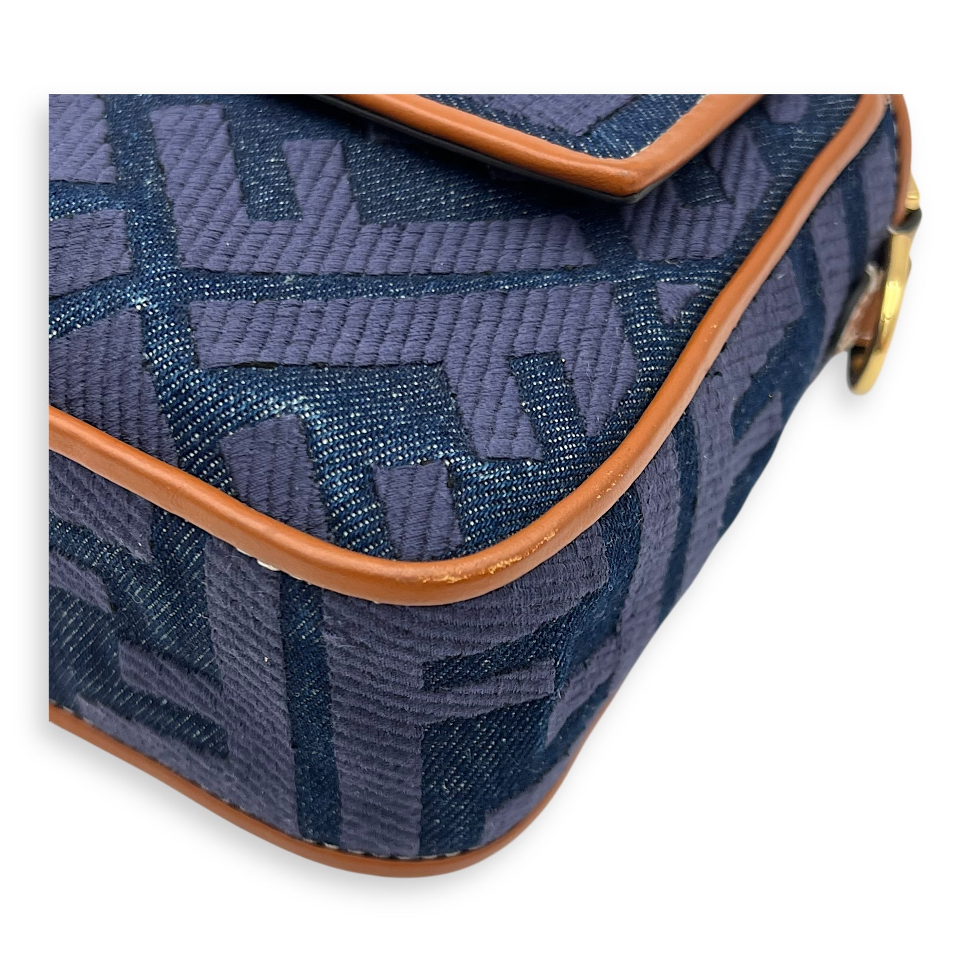 Baguette Crossbody Bag Blue in Denim, Gold hardware