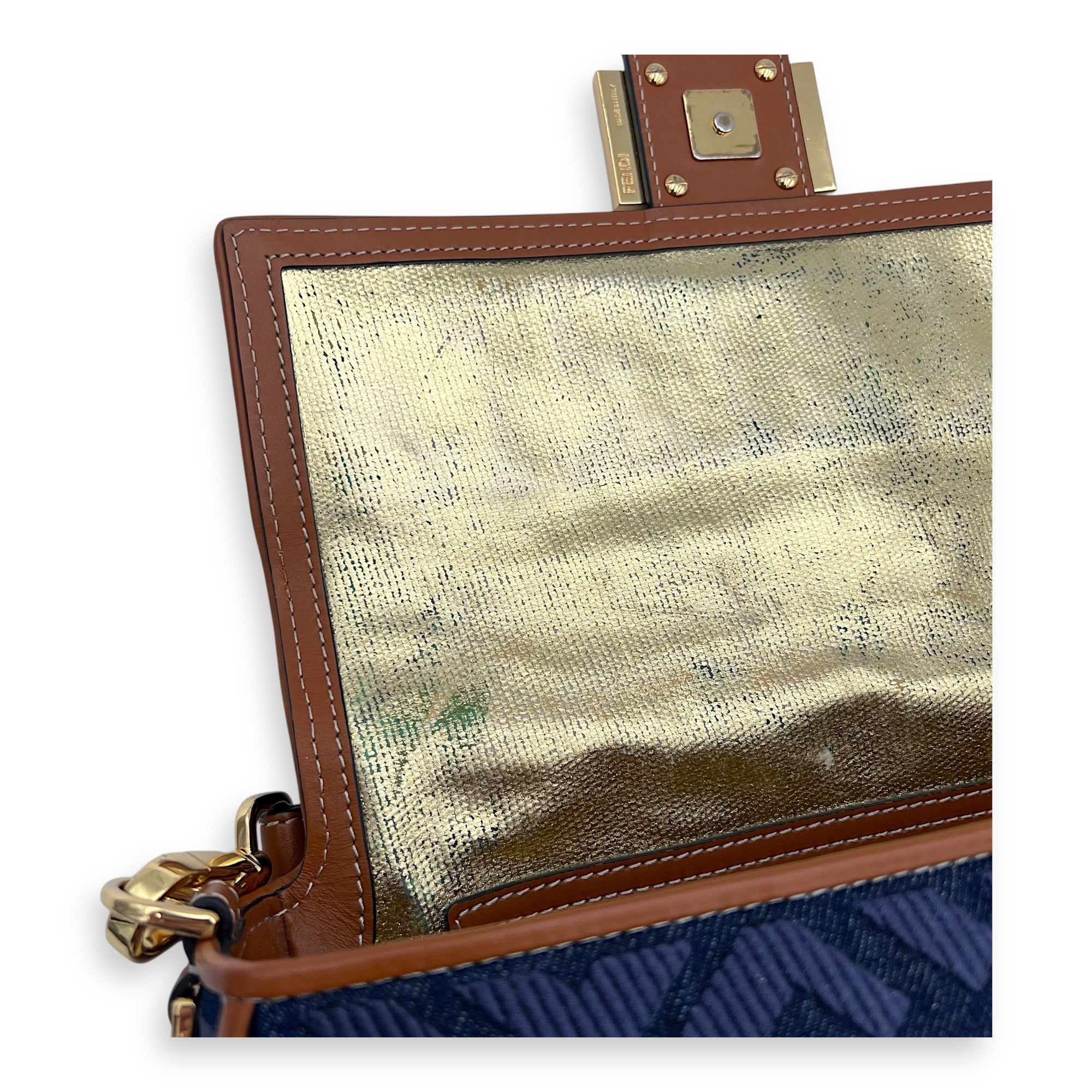 Baguette Crossbody Bag Blue in Denim, Gold hardware