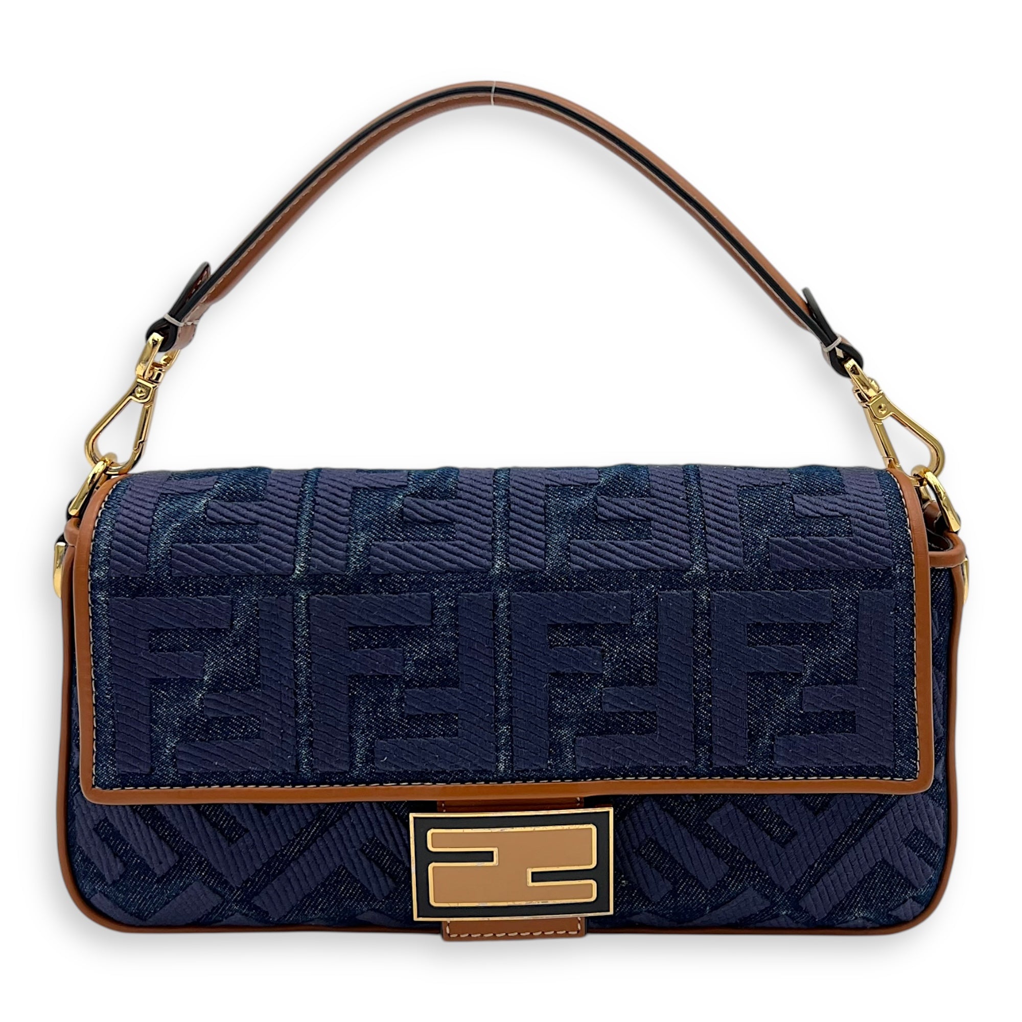 Baguette Crossbody Bag Blue in Denim, Gold hardware