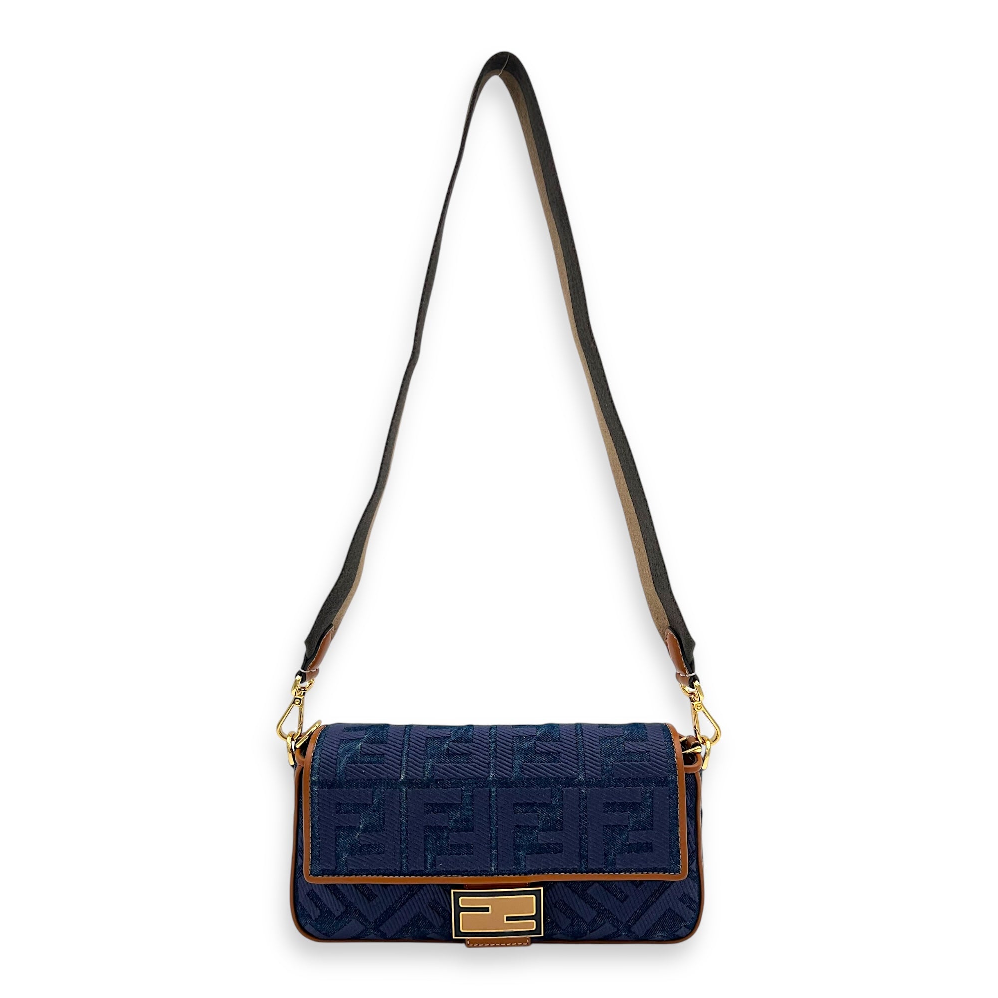 Baguette Crossbody Bag Blue in Denim, Gold hardware