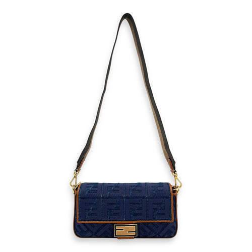 Baguette Crossbody Bag Blue in Denim, Gold hardware