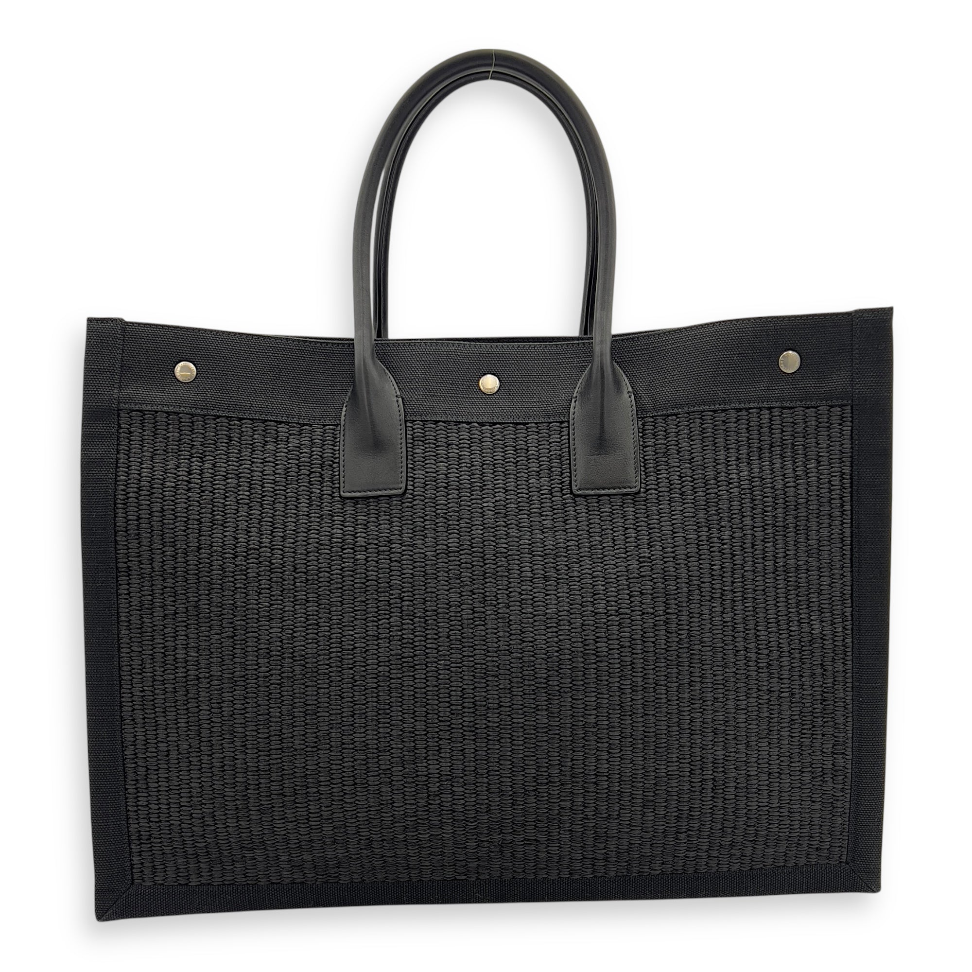 Hand Tote Tote Bag Black in Raffia and Canvas, Silver hardware
