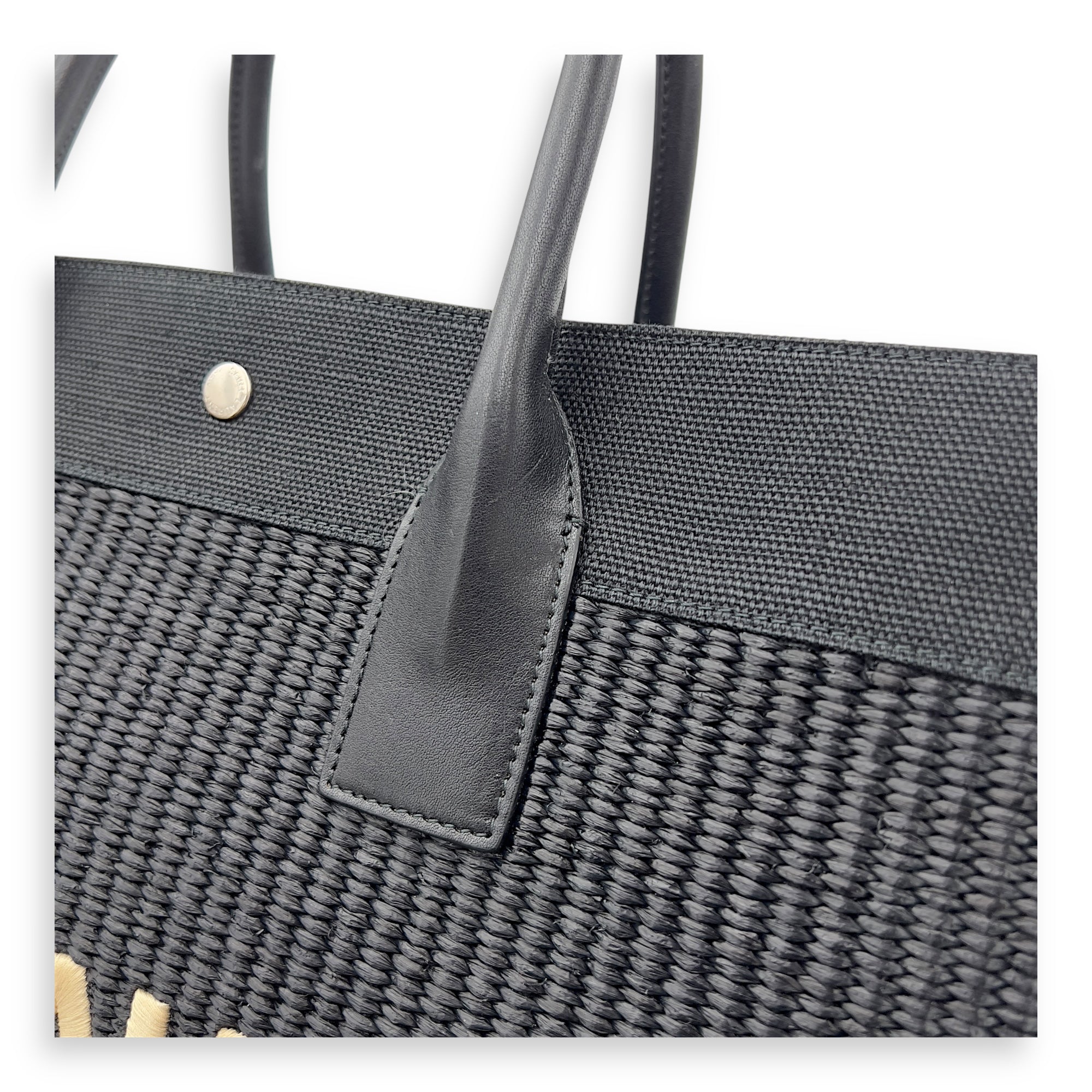 Hand Tote Tote Bag Black in Raffia and Canvas, Silver hardware