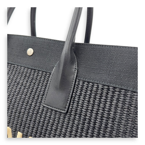 Hand Tote Tote Bag Black in Raffia and Canvas, Silver hardware