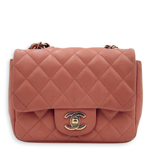 Mini Square Pink Shoulder Bag in Lambskin, Gold hardware