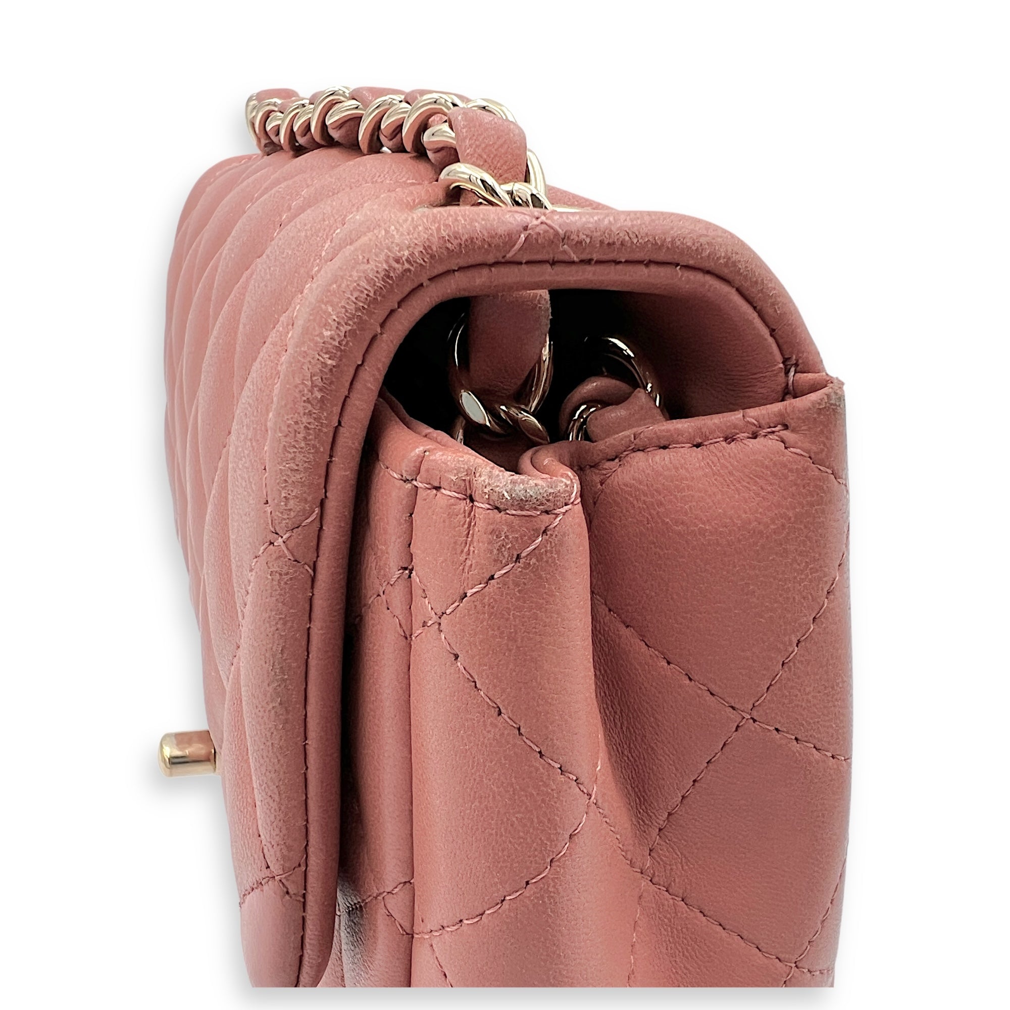 Mini Square Pink Shoulder Bag in Lambskin, Gold hardware