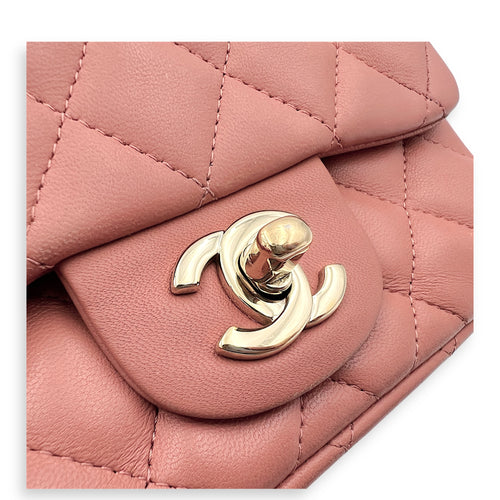 Mini Square Pink Shoulder Bag in Lambskin, Gold hardware