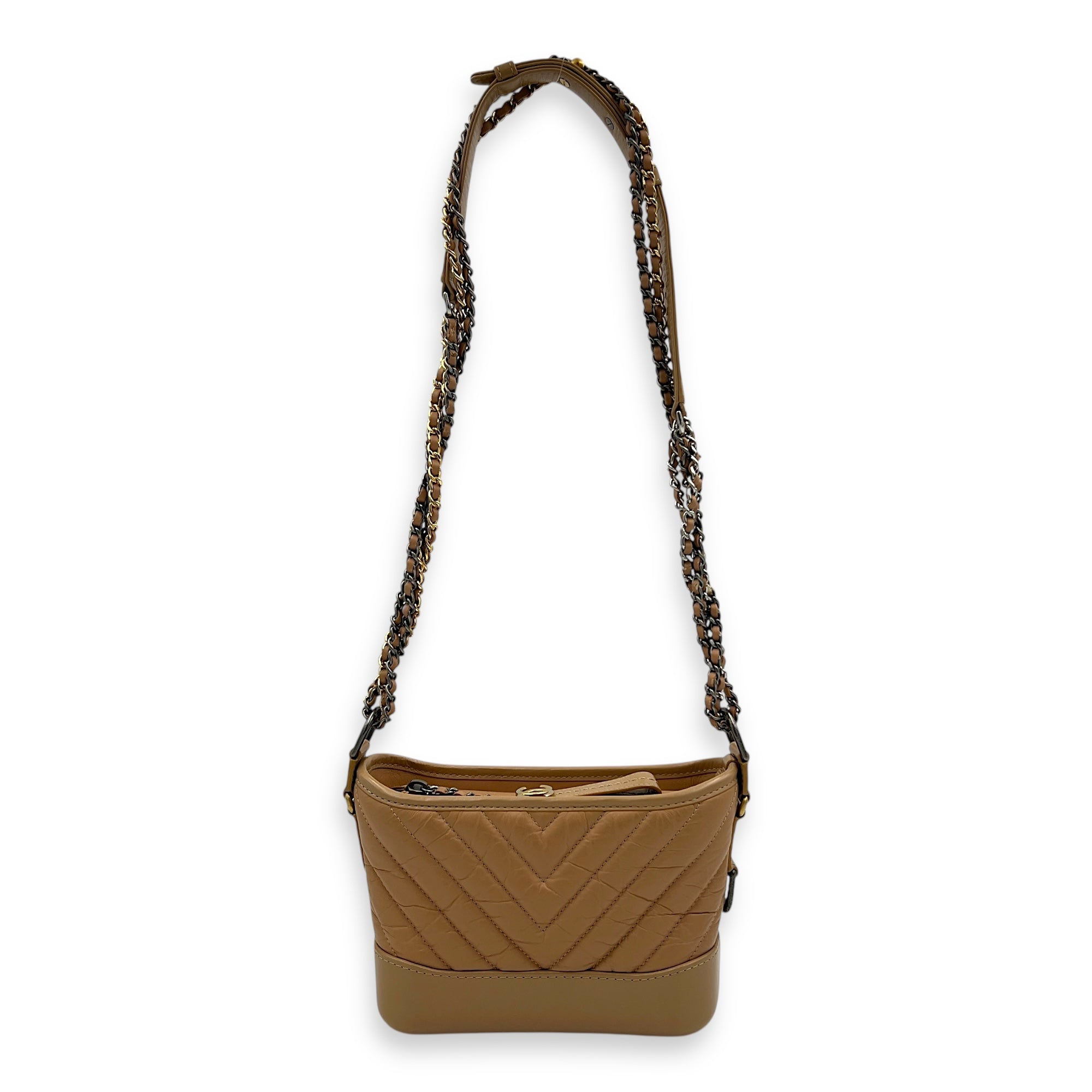 Gabrielle Small Dark Beige Shoulder Bag in Calfskin, Mixed hardware
