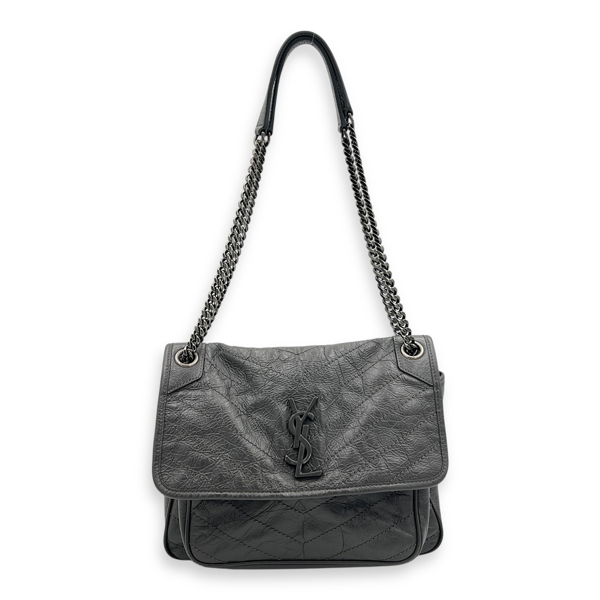 Niki Medium Grey Shoulder Bag in Calfskin, Ruthenium hardware