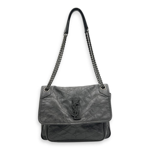Niki Medium Grey Shoulder Bag in Calfskin, Ruthenium hardware