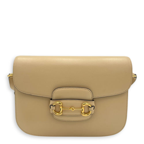 Horsebit 1955 Shoulder Bag Beige in Calfskin, Gold hardware
