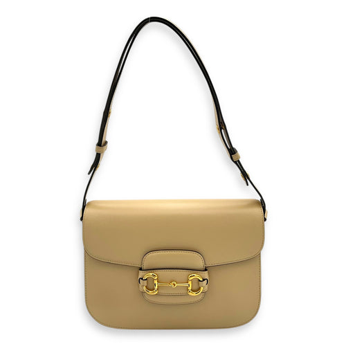 Horsebit 1955 Shoulder Bag Beige in Calfskin, Gold hardware