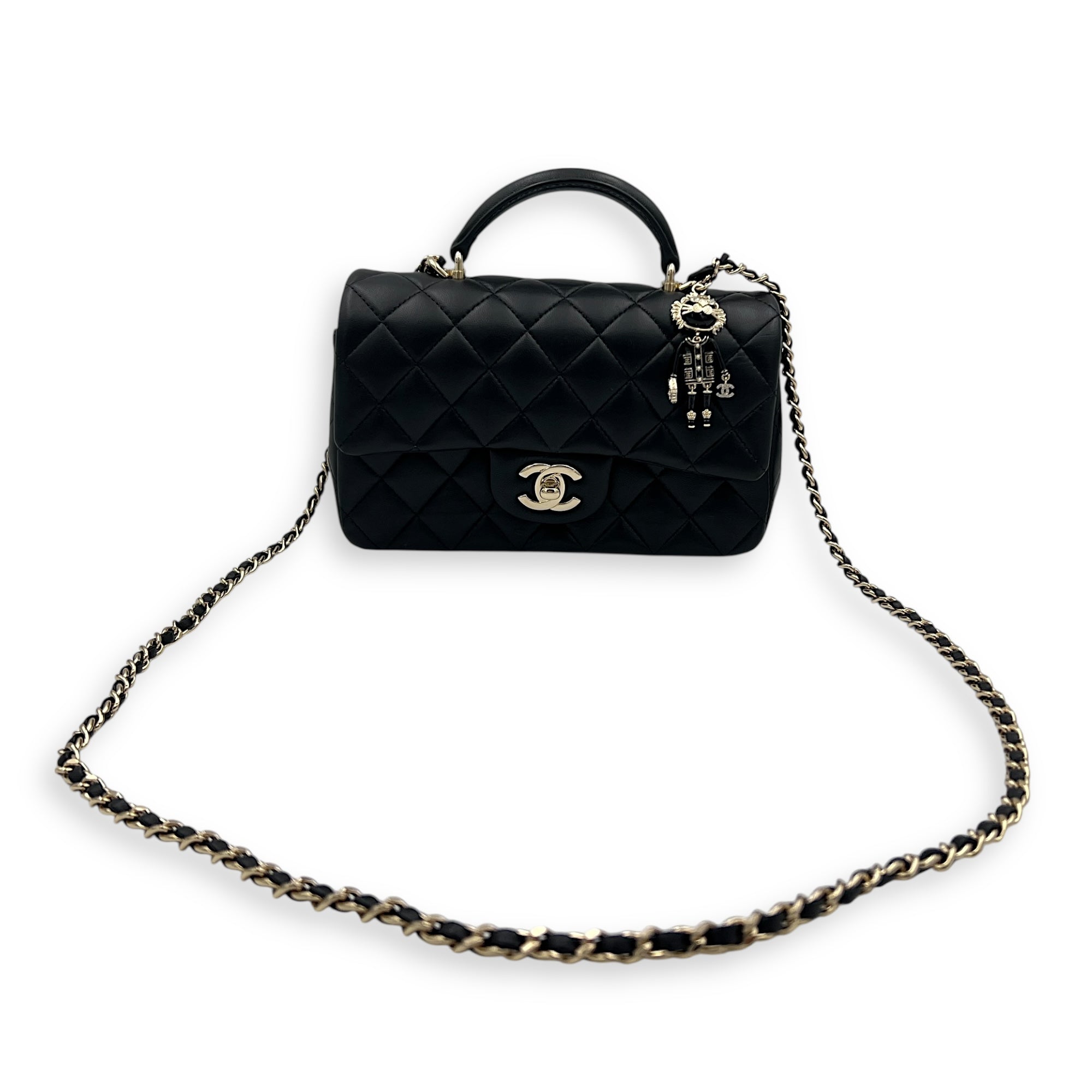 CC Rectangle Black Top Handle Bag in Lambskin, Gold hardware