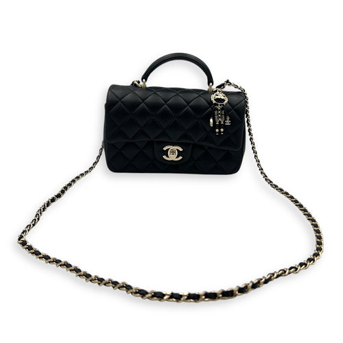 CC Rectangle Black Top Handle Bag in Lambskin, Gold hardware