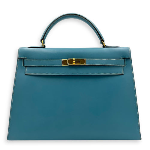 Kelly 32 Blue Jean (retouched) Top Handle Bag in Box, Gold hardware