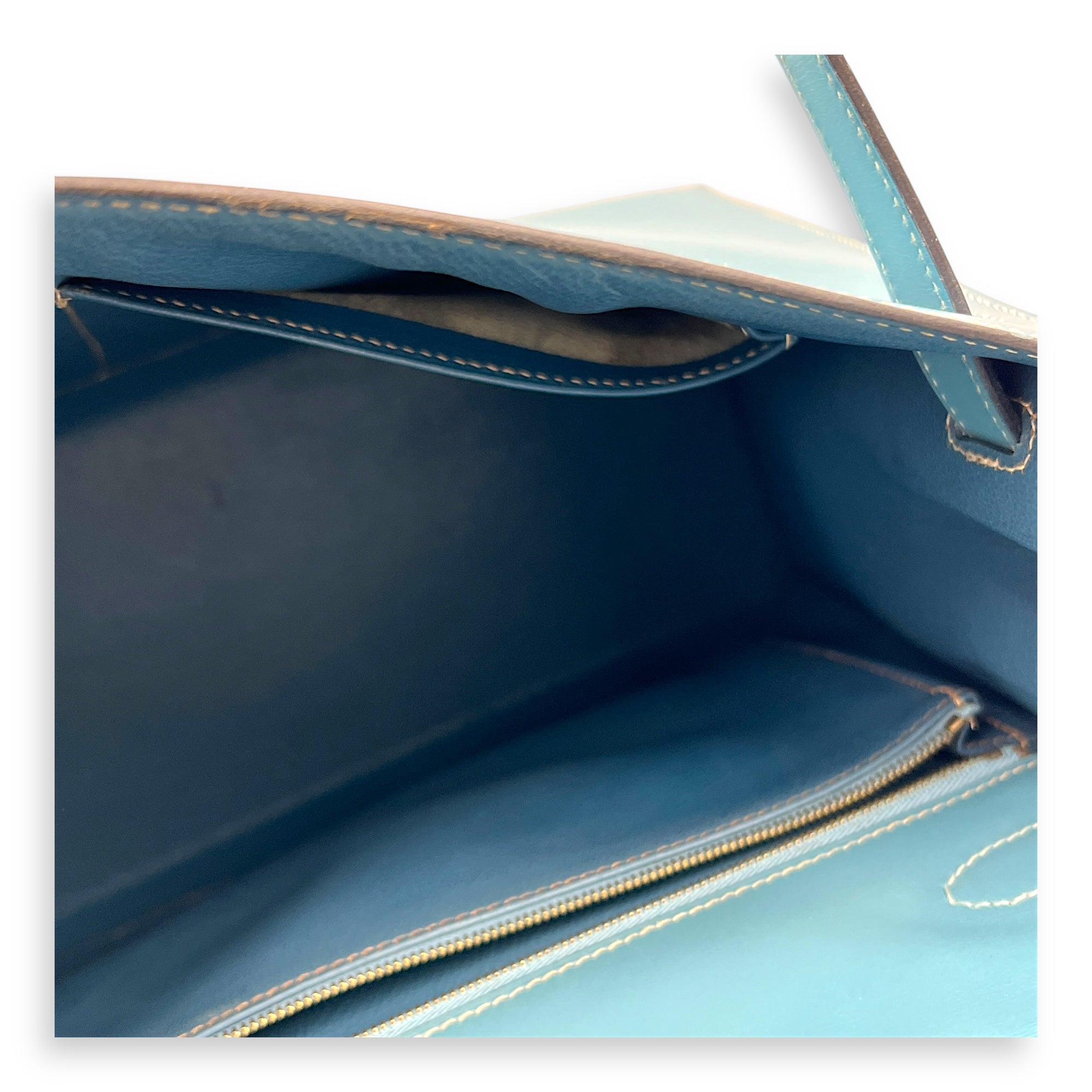 Kelly 32 Blue Jean (retouched) Top Handle Bag in Box, Gold hardware