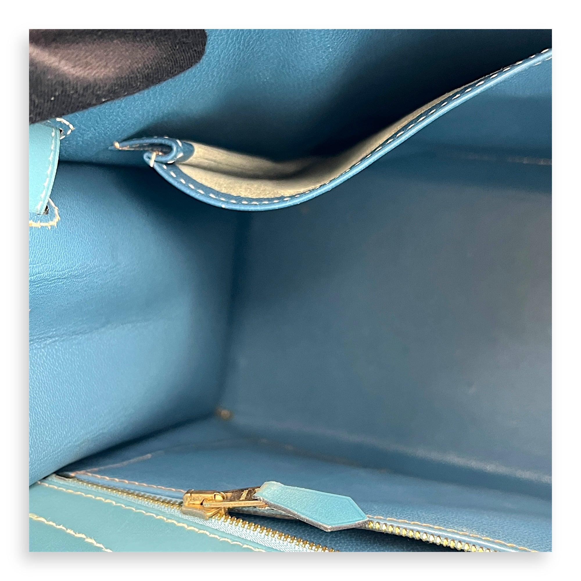 Kelly 32 Blue Jean (retouched) Top Handle Bag in Box, Gold hardware