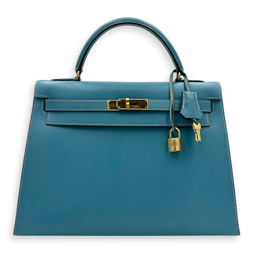 Kelly 32 Blue Jean (retouched) Top Handle Bag in Box, Gold hardware