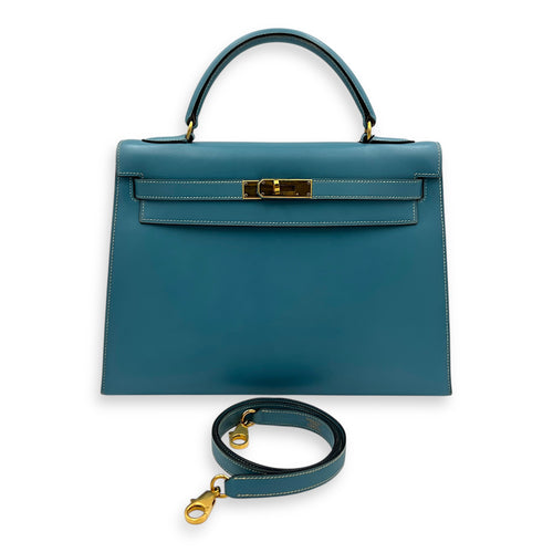 Kelly 32 Blue Jean (retouched) Top Handle Bag in Box, Gold hardware