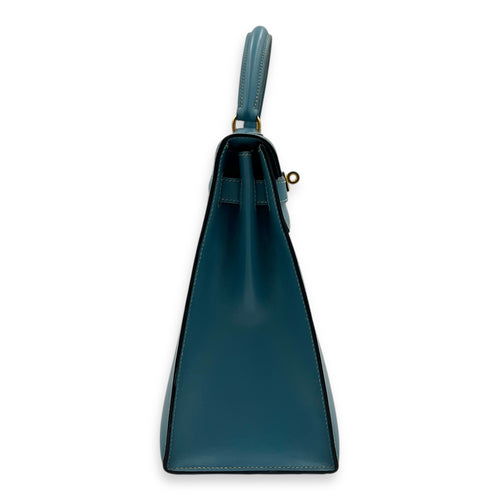 Kelly 32 Blue Jean (retouched) Top Handle Bag in Box, Gold hardware