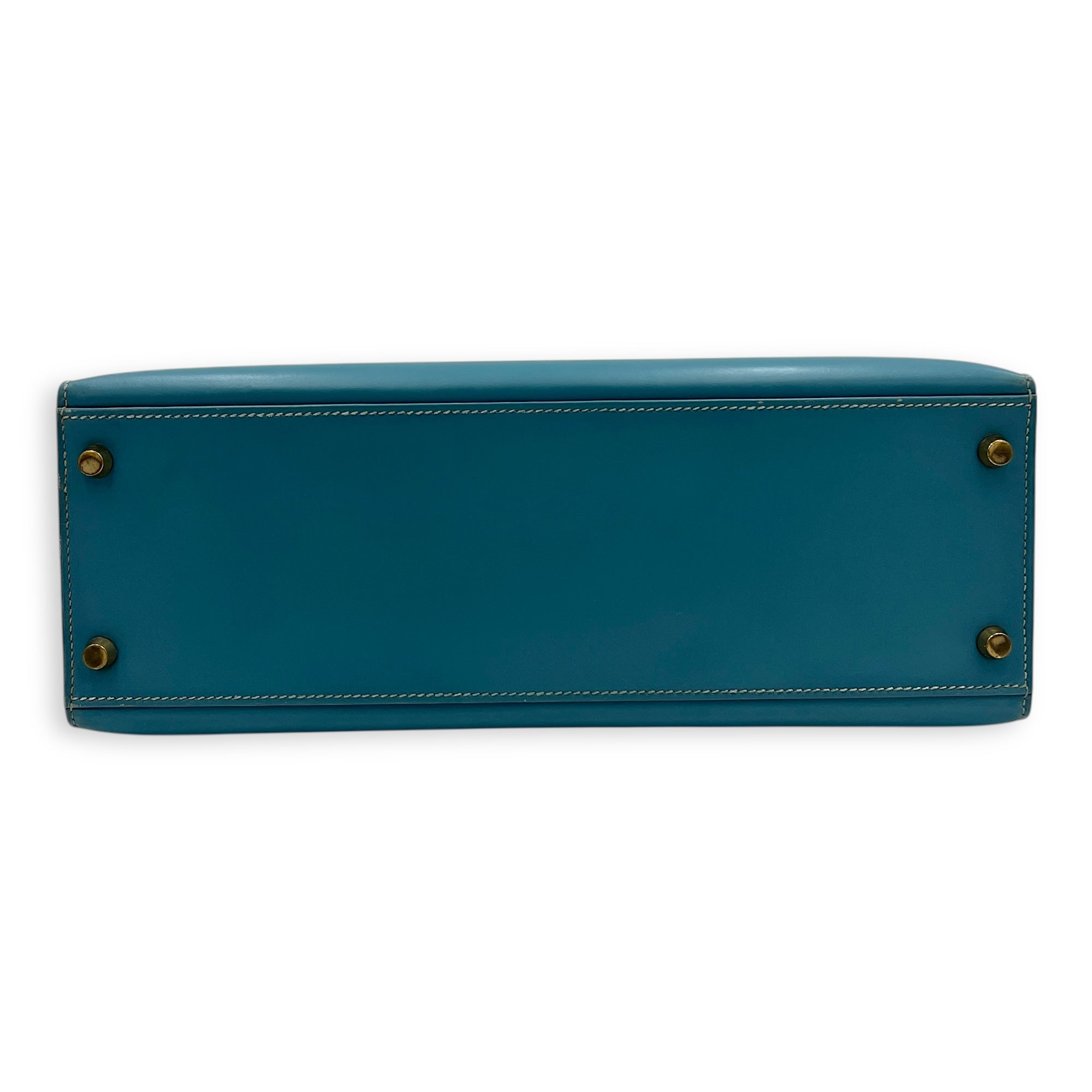 Kelly 32 Blue Jean (retouched) Top Handle Bag in Box, Gold hardware