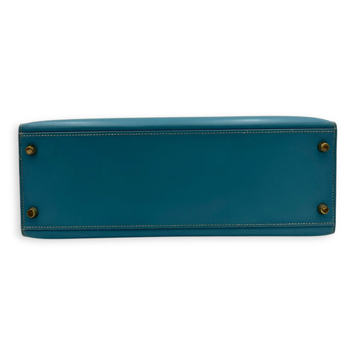 Kelly 32 Blue Jean (retouched) Top Handle Bag in Box, Gold hardware