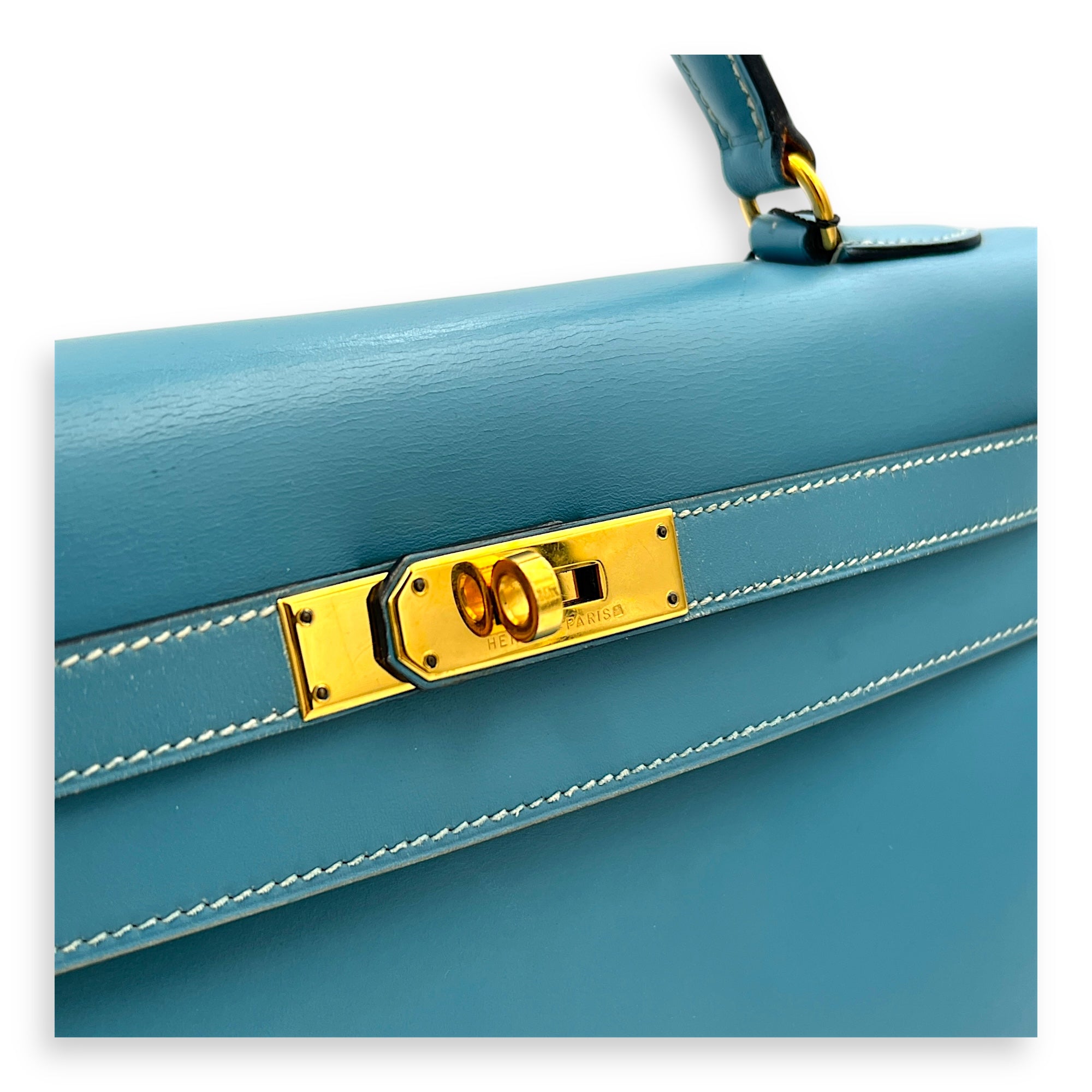 Kelly 32 Blue Jean (retouched) Top Handle Bag in Box, Gold hardware