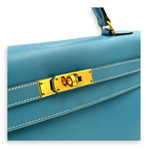 Kelly 32 Blue Jean (retouched) Top Handle Bag in Box, Gold hardware