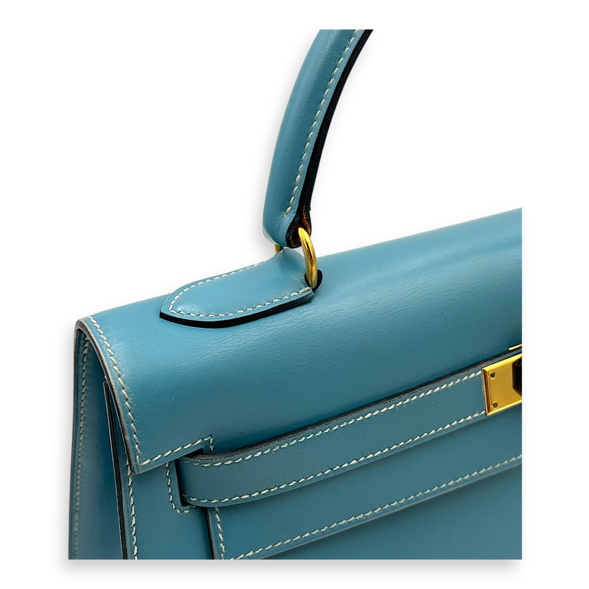 Kelly 32 Blue Jean (retouched) Top Handle Bag in Box, Gold hardware