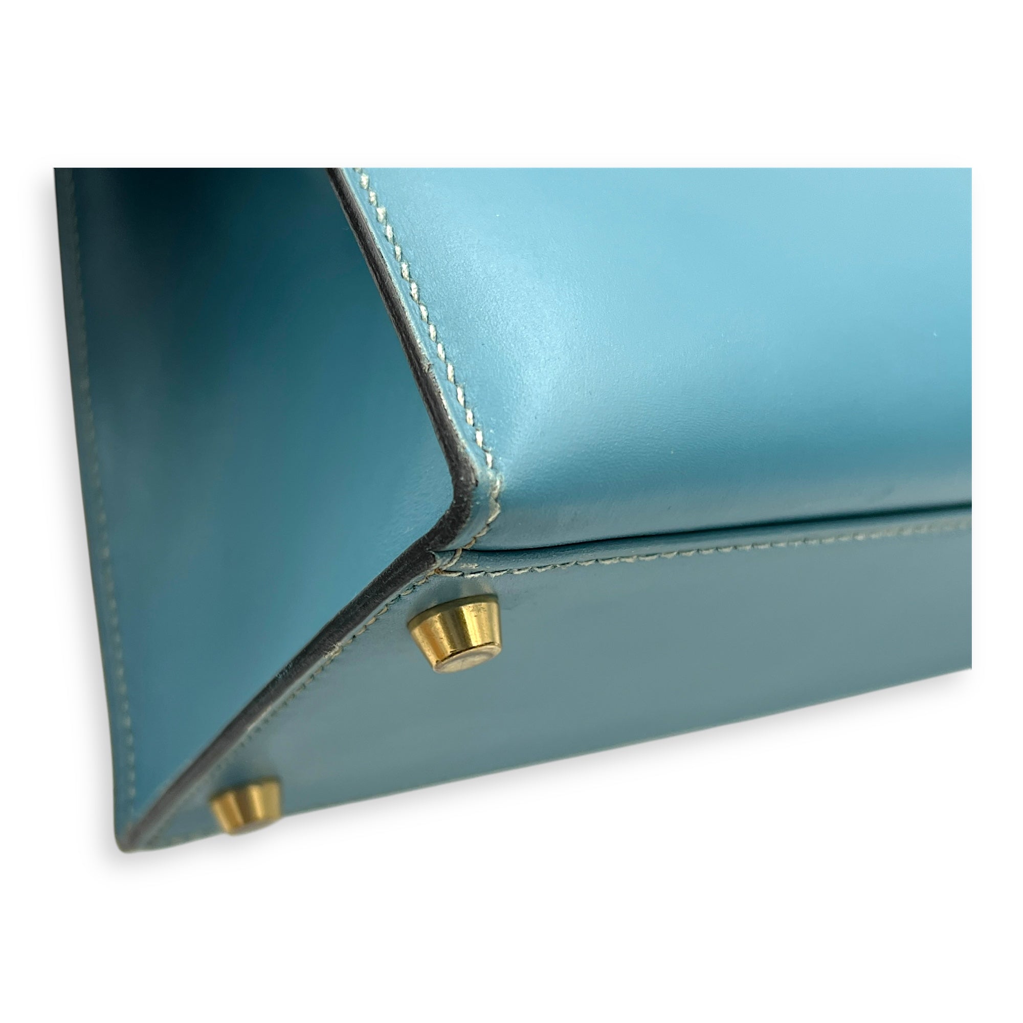 Kelly 32 Blue Jean (retouched) Top Handle Bag in Box, Gold hardware