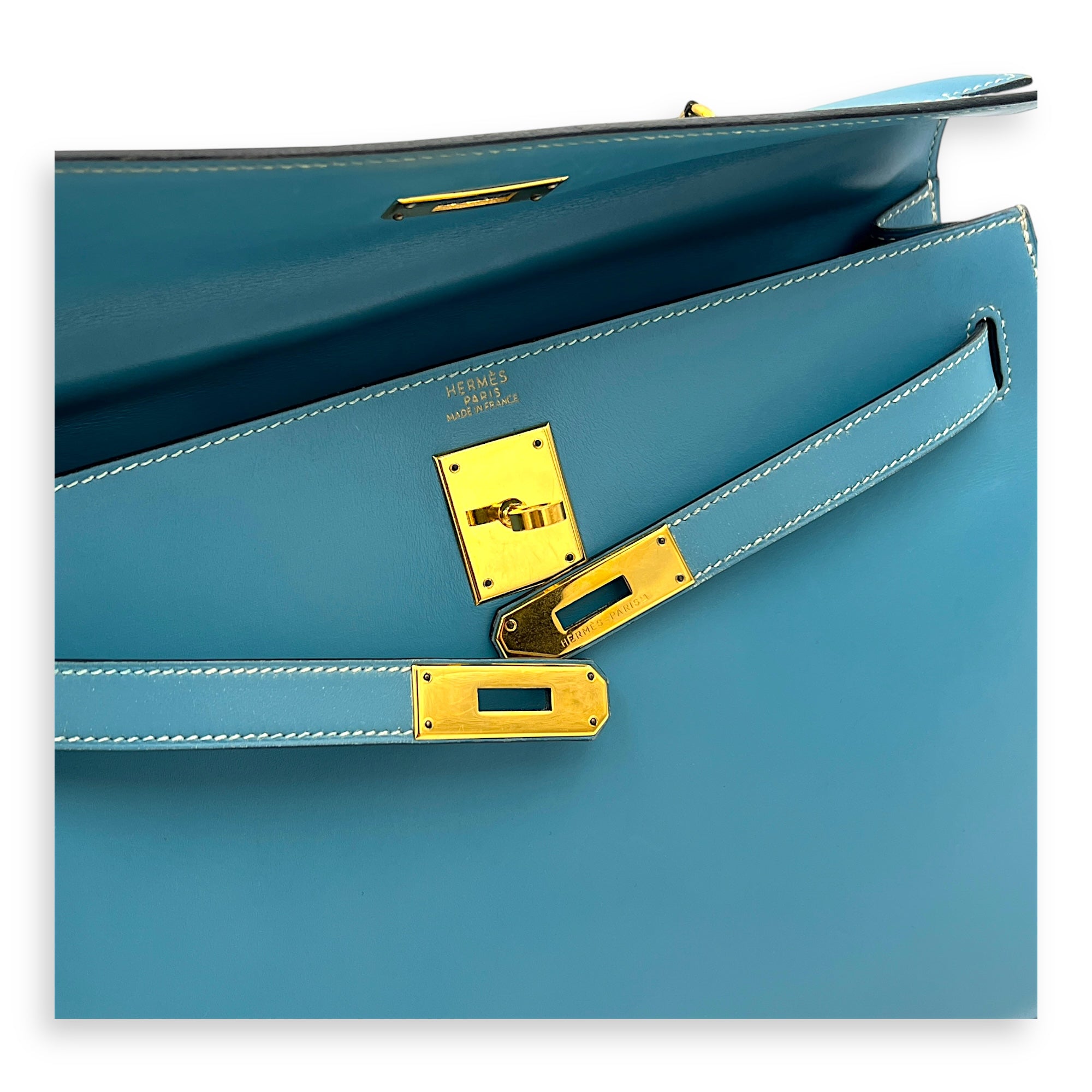 Kelly 32 Blue Jean (retouched) Top Handle Bag in Box, Gold hardware