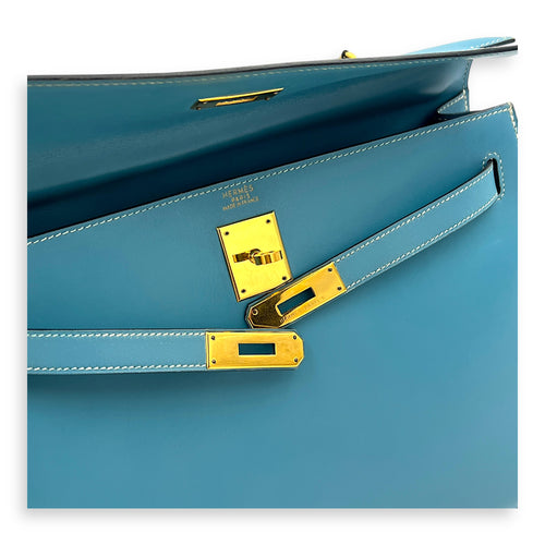 Kelly 32 Blue Jean (retouched) Top Handle Bag in Box, Gold hardware