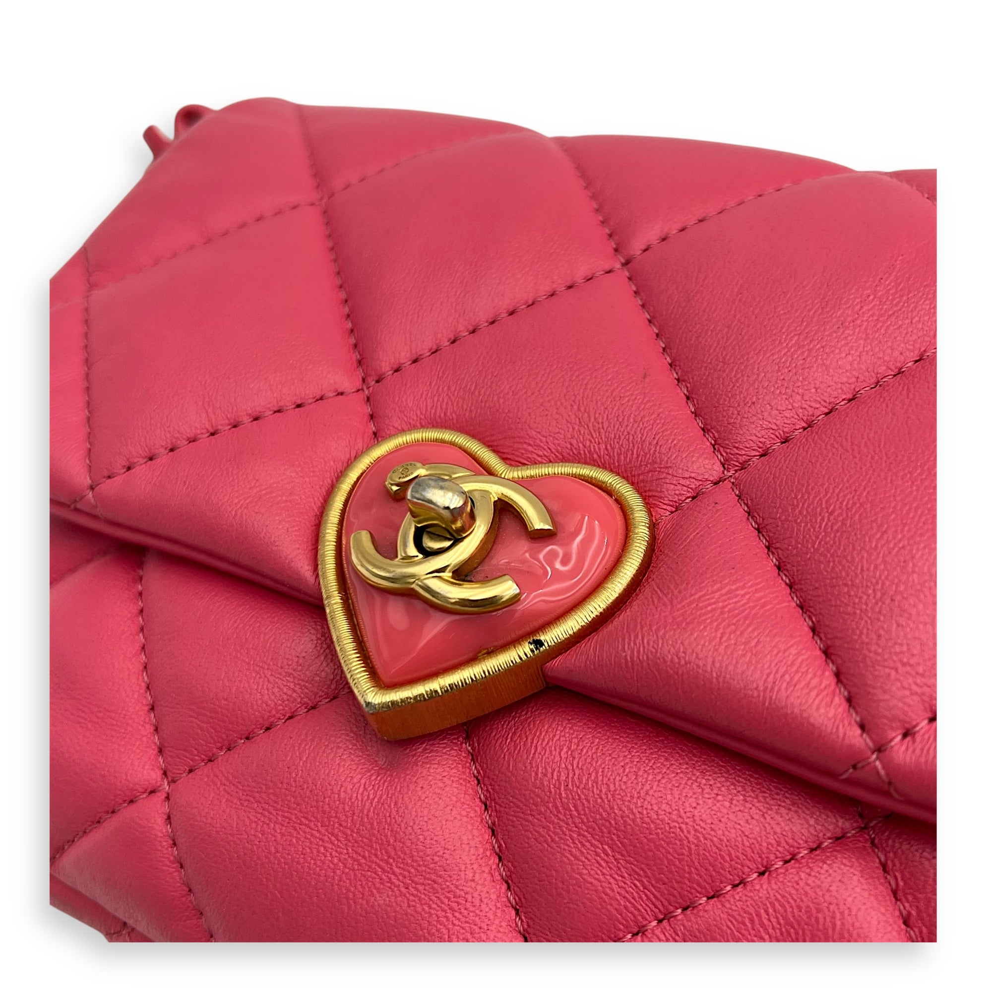 Heart Mini Square Shoulder Bag Pink in Lambskin, Gold hardware