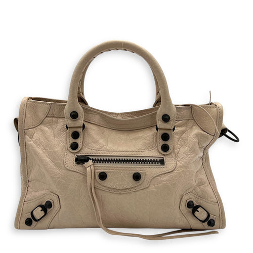 City Top Handle Bag Small Beige in Lambskin, Gunmetal hardware