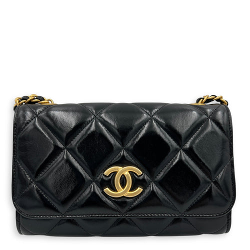 CC Black Wallet On Chain in Patent Leather, Brushed Gold hardware