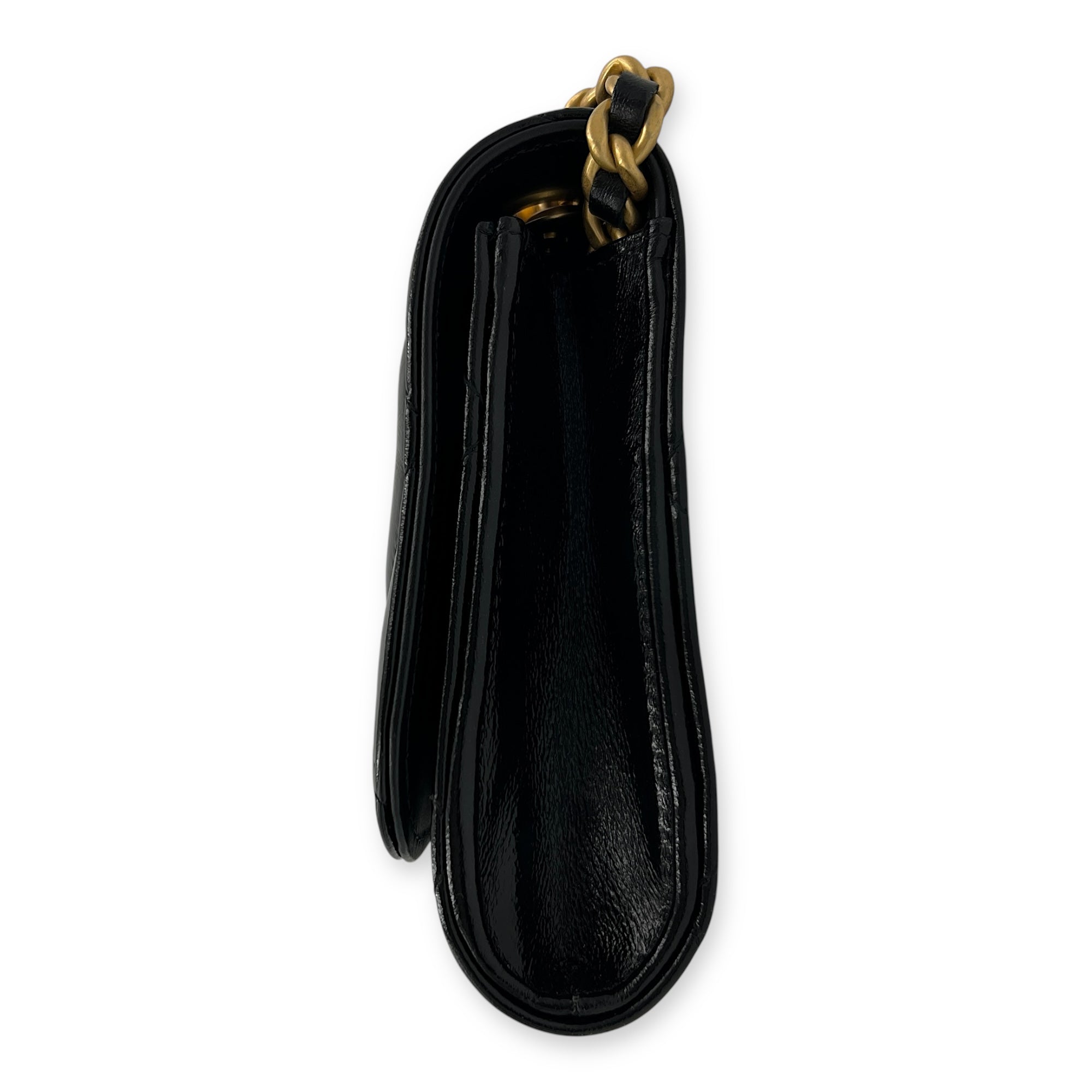 CC Black Wallet On Chain in Patent Leather, Brushed Gold hardware